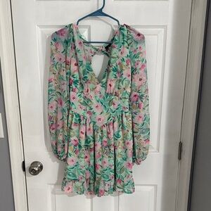 Windsor Floral V-Neck Long Sleeve Mini Dress - Pink & Mint